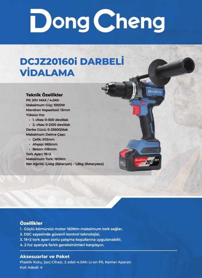 DONG CHENG DCJZ20160i Şarjlı Darbeli Matkap 20 Volt 4 Amper Çift Akülü