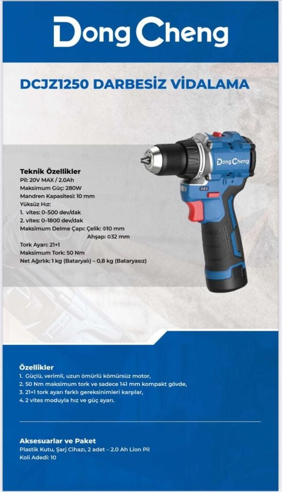 DONG CHENG Akülü Vidalama 2 Amper 50 NM - Çift Bataryalı