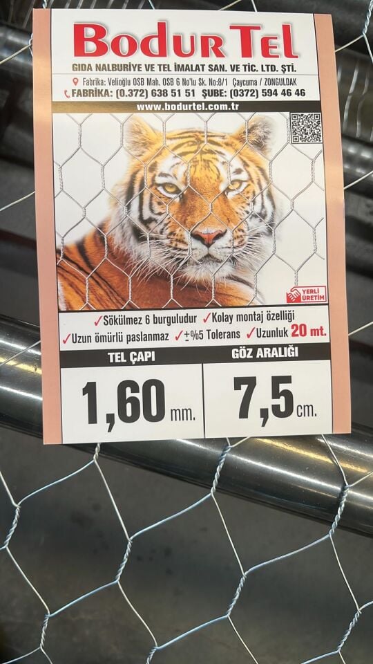 1.6 mm Geniş Göz Altıgen Örgülü Tel - 120 cm yükseklik 20 mt top uzunluğu- 2inç Göz Aralığı